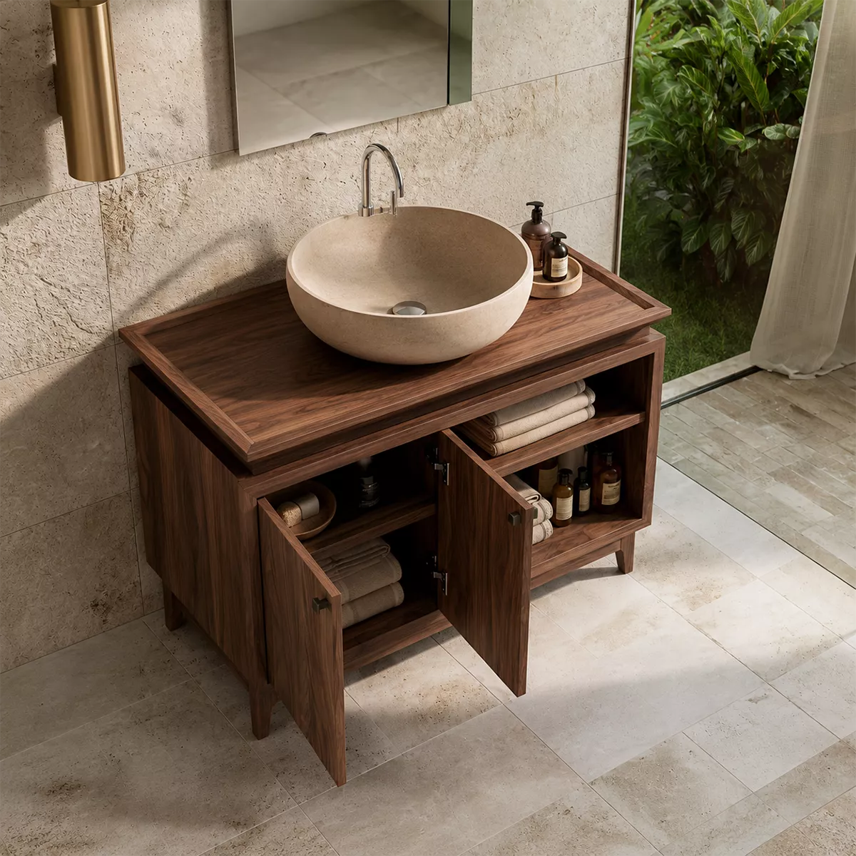 Freestanding Walnut Wood Bathroom Vanity With Hidden Cabinet And Open Shelf Storage - Livewoodcraft - 6