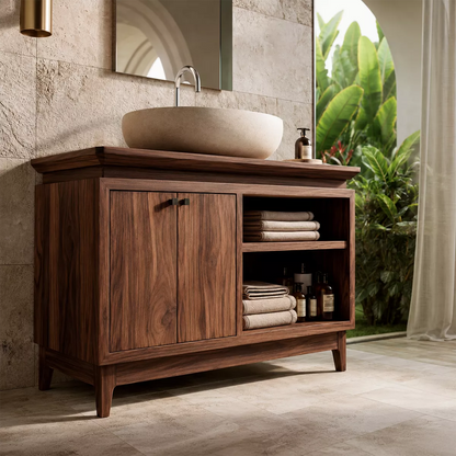 Freestanding Walnut Wood Bathroom Vanity With Hidden Cabinet And Open Shelf Storage - Livewoodcraft - 7
