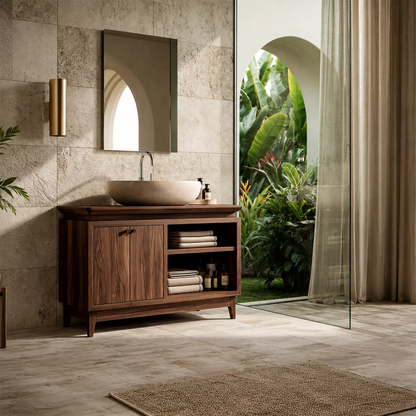 Freestanding Walnut Wood Bathroom Vanity With Hidden Cabinet And Open Shelf Storage - Livewoodcraft - 8