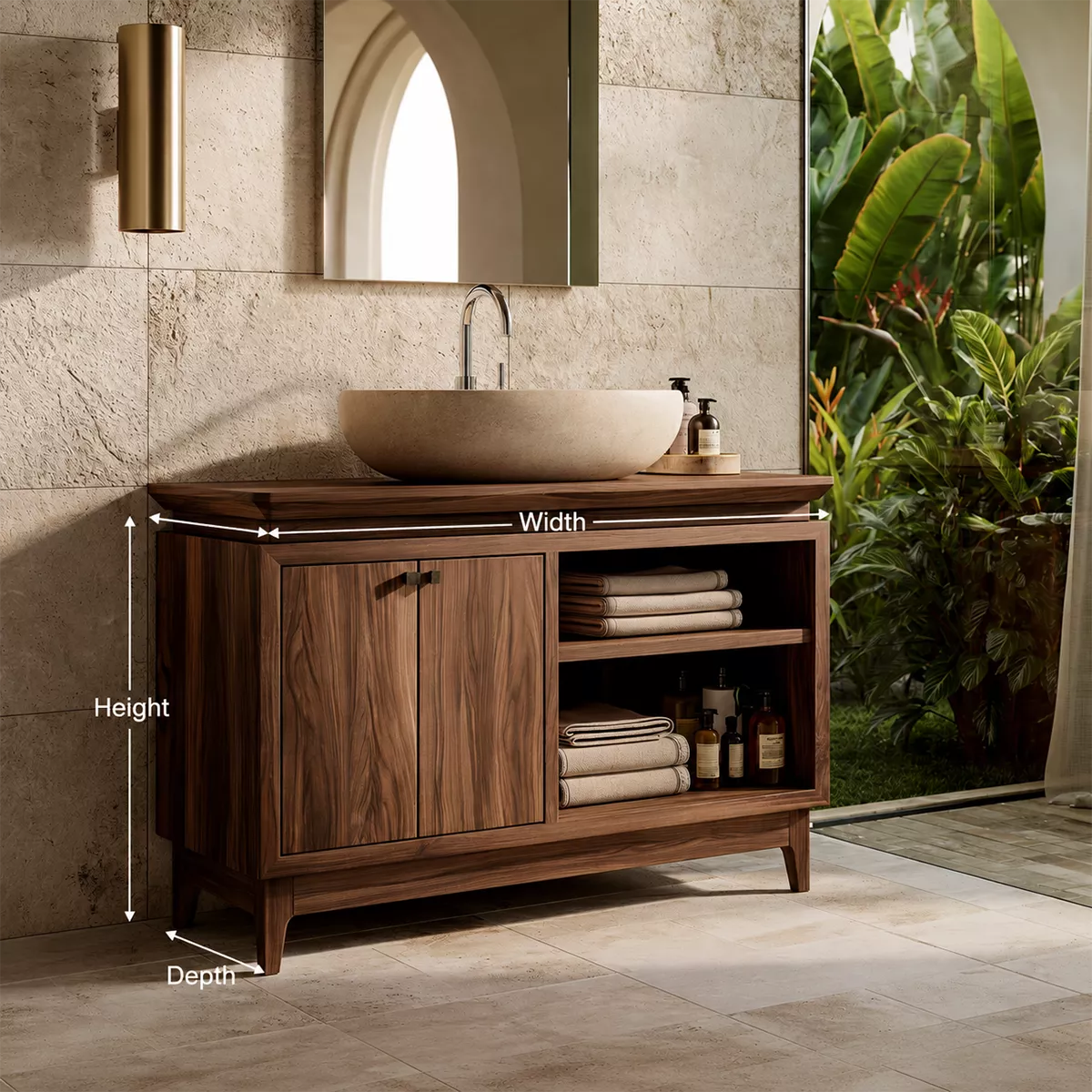 Freestanding Walnut Wood Bathroom Vanity With Hidden Cabinet And Open Shelf Storage - Livewoodcraft - 9