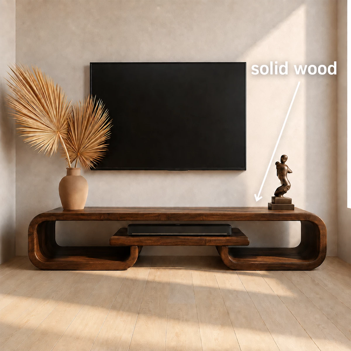 Natural Solid Wood TV Stand with Sculptural Loop Frame and Open Media Shelf