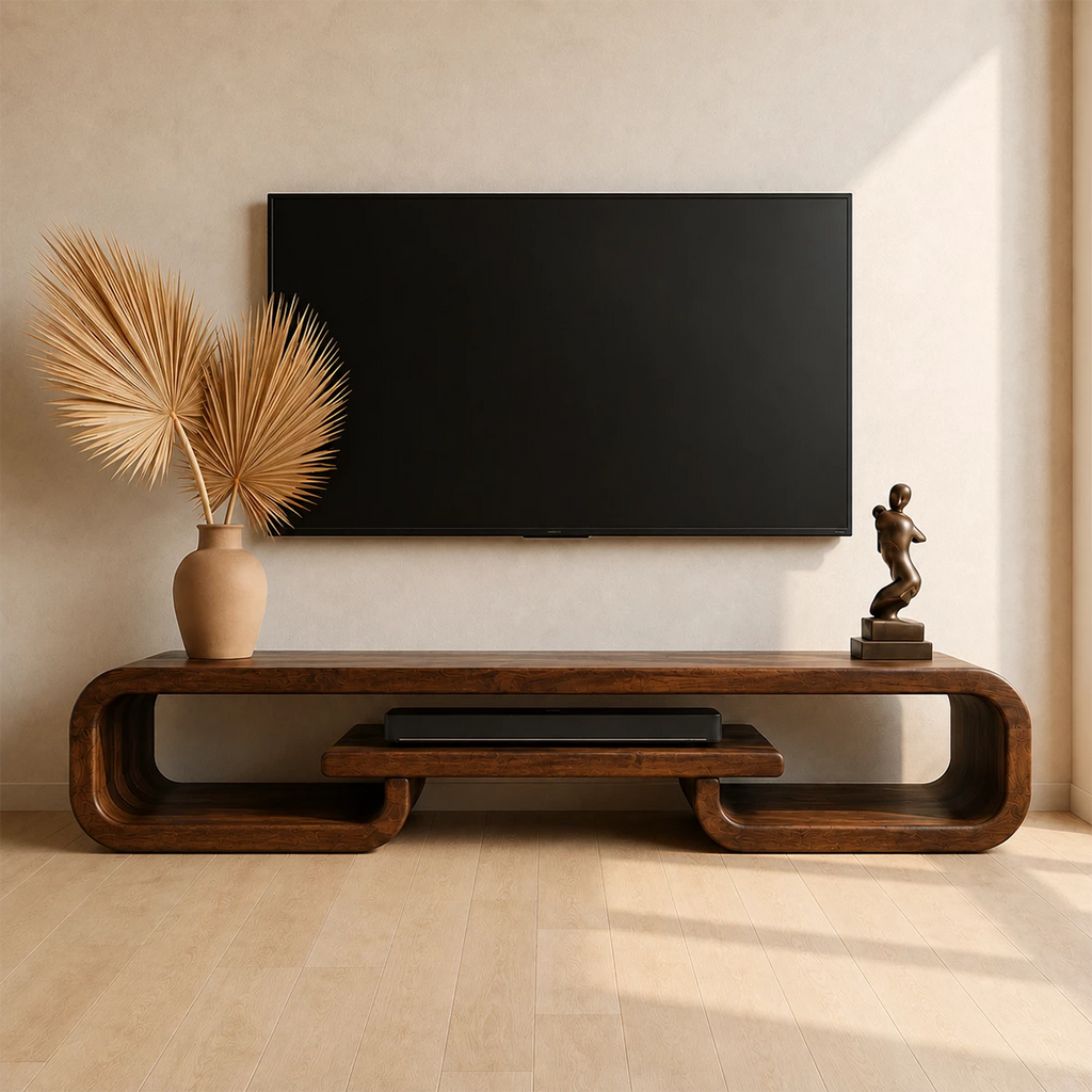 Natural Solid Wood TV Stand with Sculptural Loop Frame and Open Media Shelf