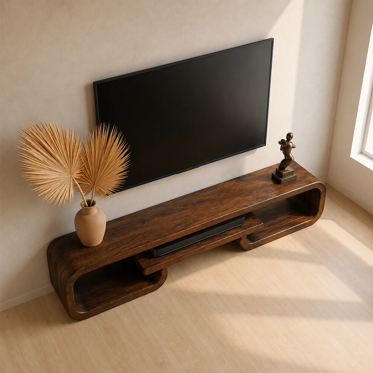 Natural Solid Wood TV Stand with Sculptural Loop Frame and Open Media Shelf