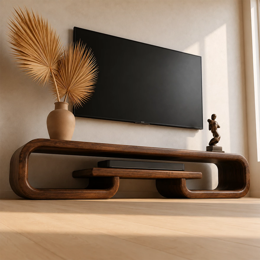 Natural Solid Wood TV Stand with Sculptural Loop Frame and Open Media Shelf