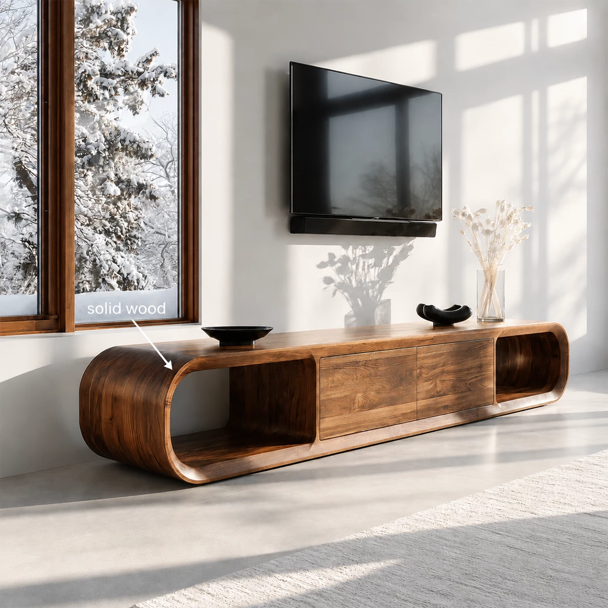 Natural Solid Wood TV Stand with Two Cabinets and Rounded Open Side Shelves
