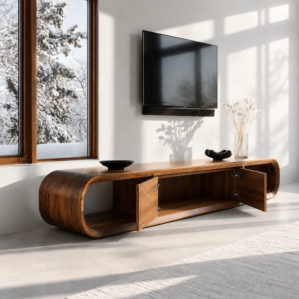 Natural Solid Wood TV Stand with Two Cabinets and Rounded Open Side Shelves