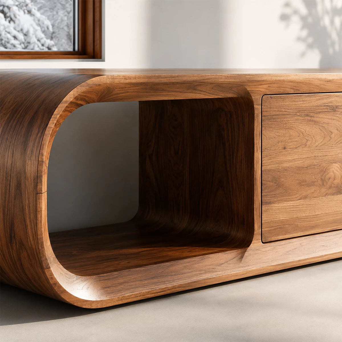 Natural Solid Wood TV Stand with Two Cabinets and Rounded Open Side Shelves