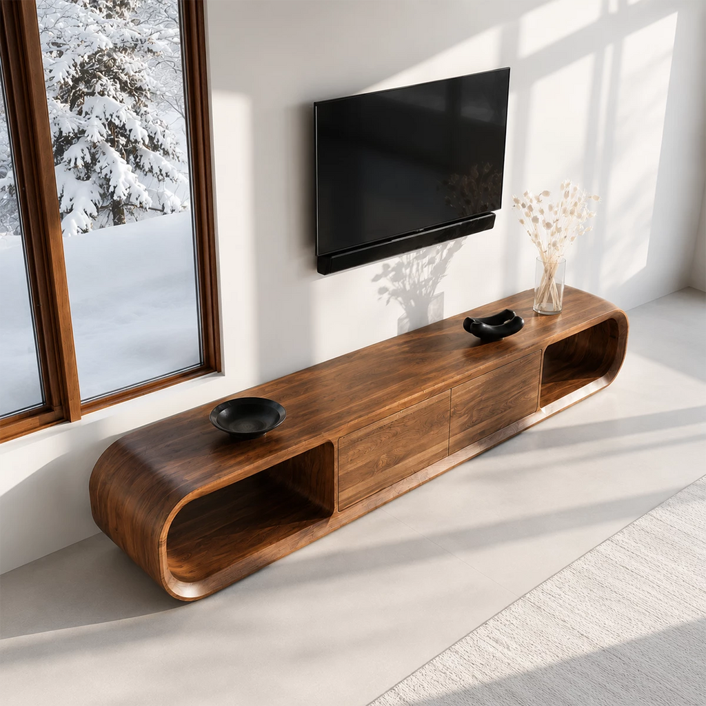 Natural Solid Wood TV Stand with Two Cabinets and Rounded Open Side Shelves