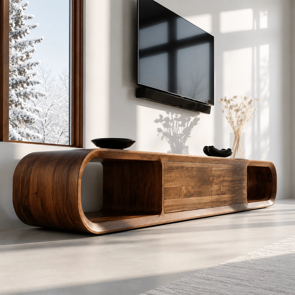Natural Solid Wood TV Stand with Two Cabinets and Rounded Open Side Shelves