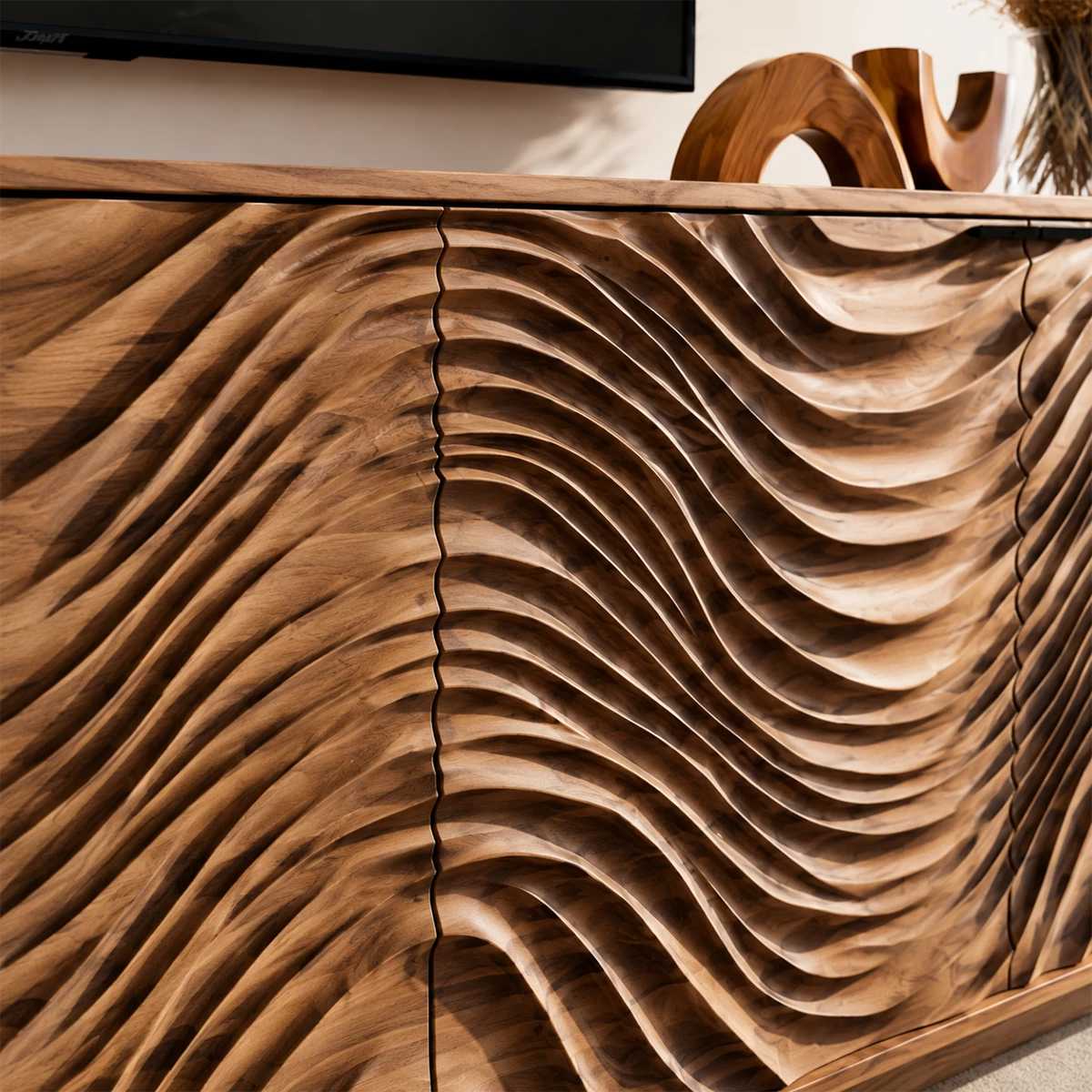 Natural Solid Wood TV Stand with Four Carved Doors and Wave Front Design
