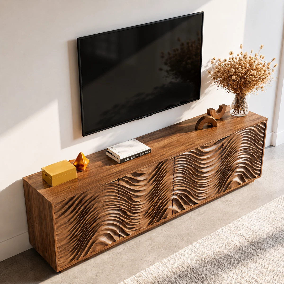 Natural Solid Wood TV Stand with Four Carved Doors and Wave Front Design