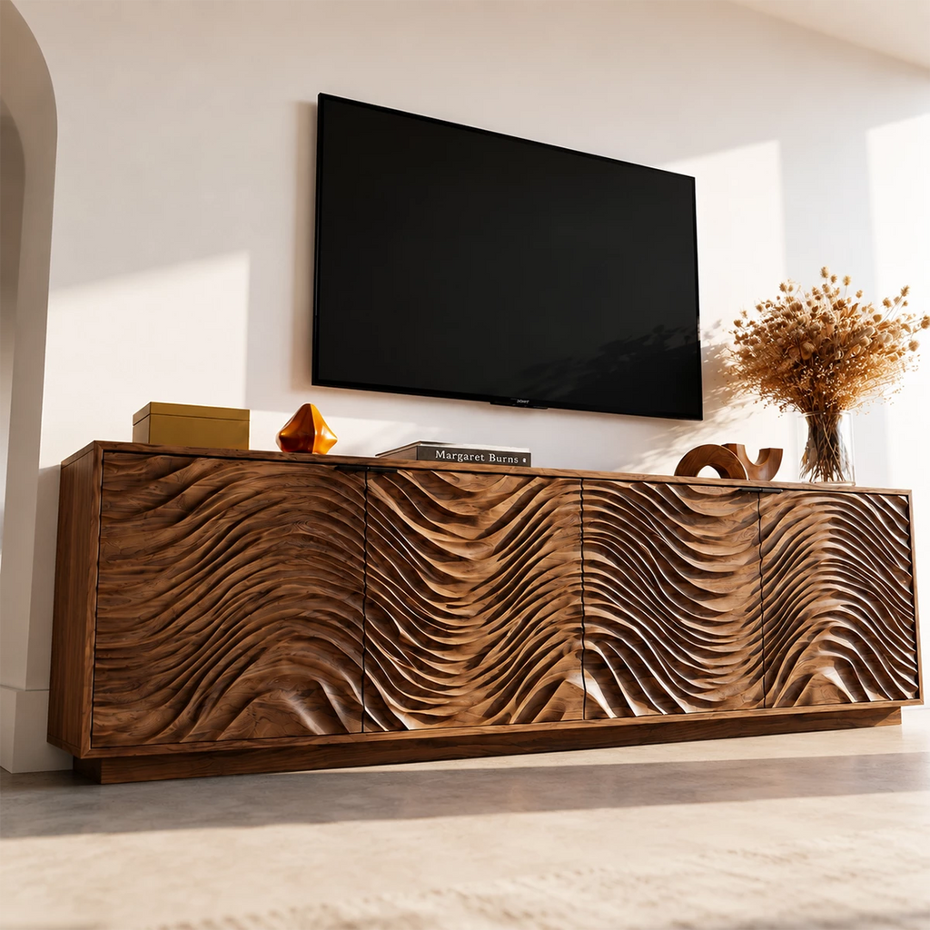 Natural Solid Wood TV Stand with Four Carved Doors and Wave Front Design