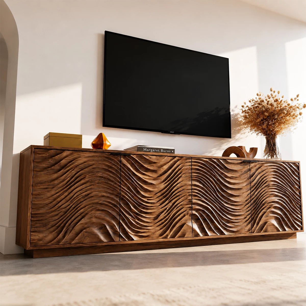 Natural Solid Wood TV Stand with Four Carved Doors and Wave Front Design