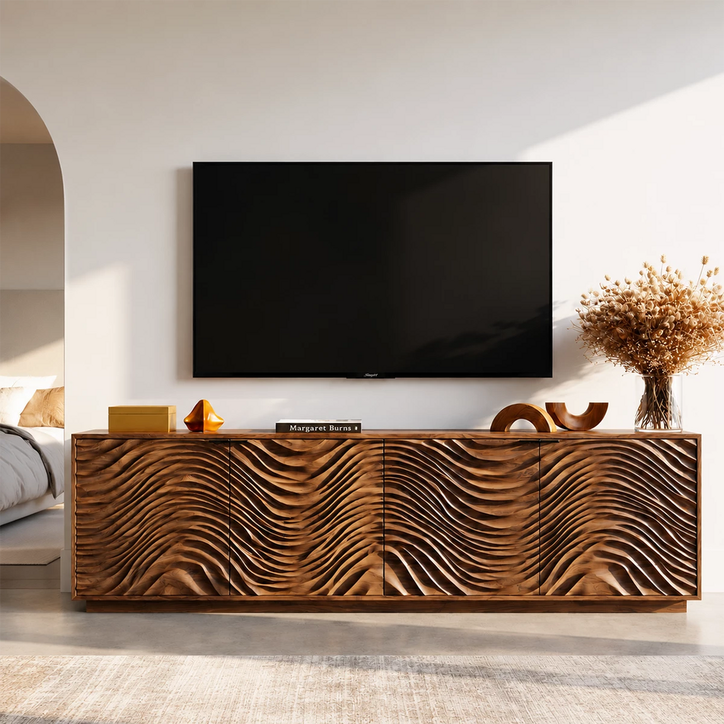 Natural Solid Wood TV Stand with Four Carved Doors and Wave Front Design