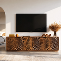 Natural Solid Wood TV Stand with Four Carved Doors and Wave Front Design