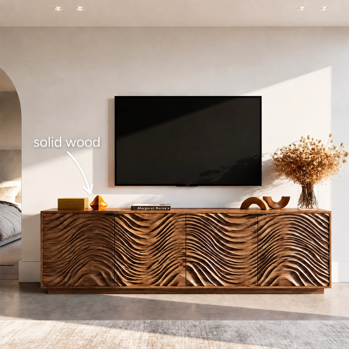 Natural Solid Wood TV Stand with Four Carved Doors and Wave Front Design