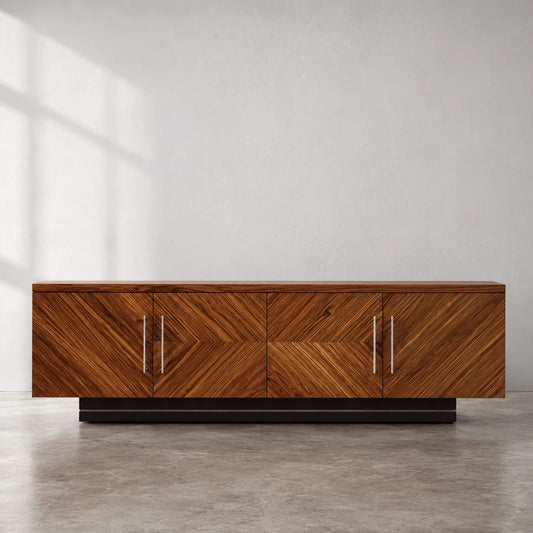Geometric Natural Solid Wood TV Stand with Chevron Door Design - Echotimber