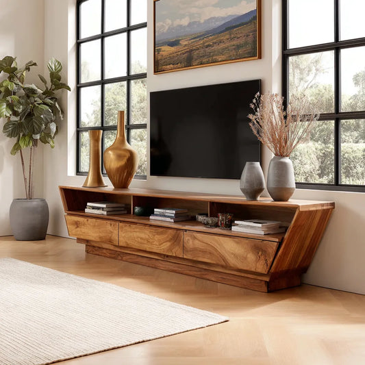 Geometric Natural Solid Wood TV Stand with Open Shelf and Hidden Storage - Echotimber