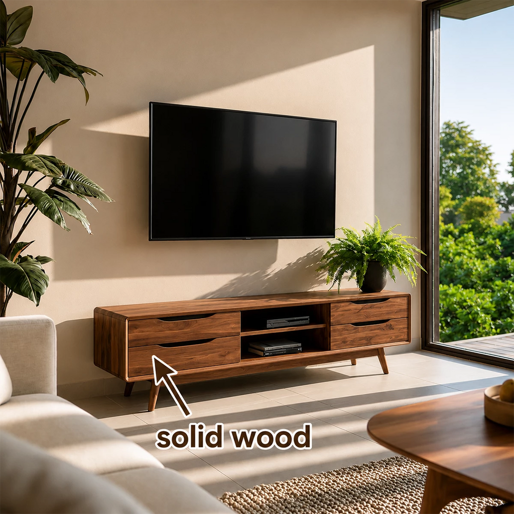 Natural Solid Wood TV Stand Mid Century Modern Style