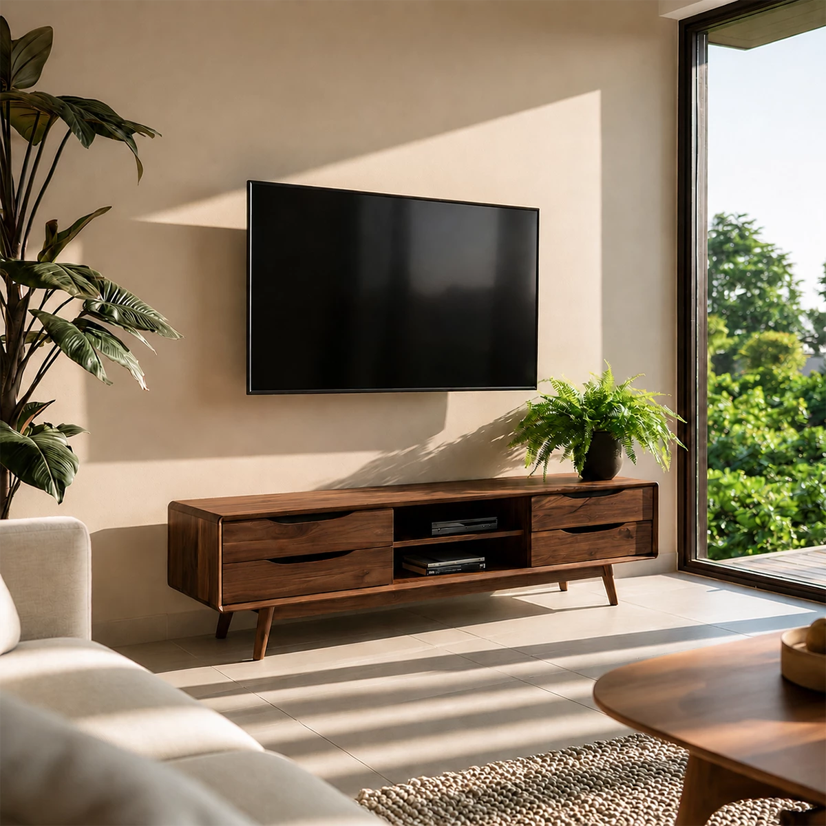 Natural Solid Wood TV Stand Mid Century Modern Style
