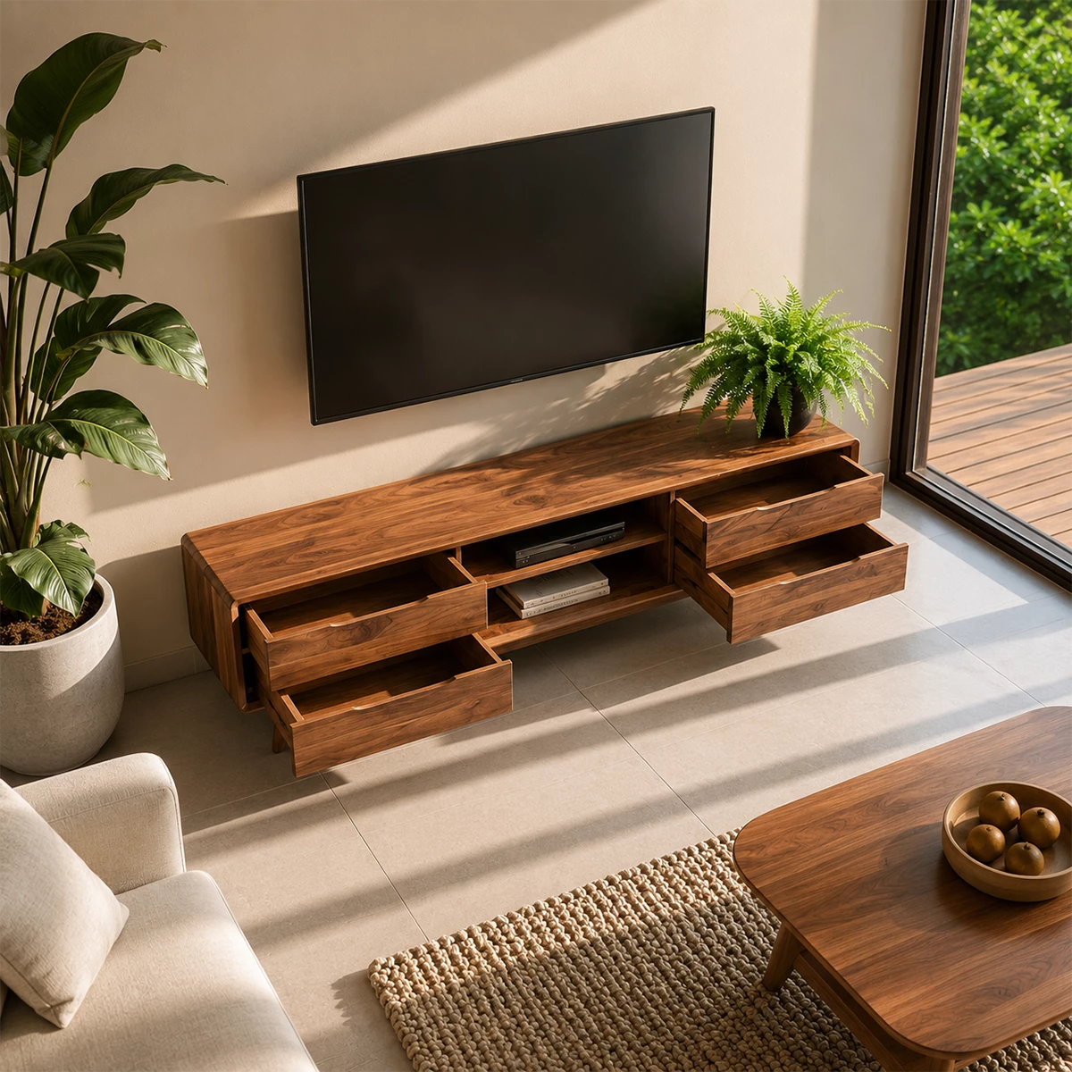 Natural Solid Wood TV Stand Mid Century Modern Style