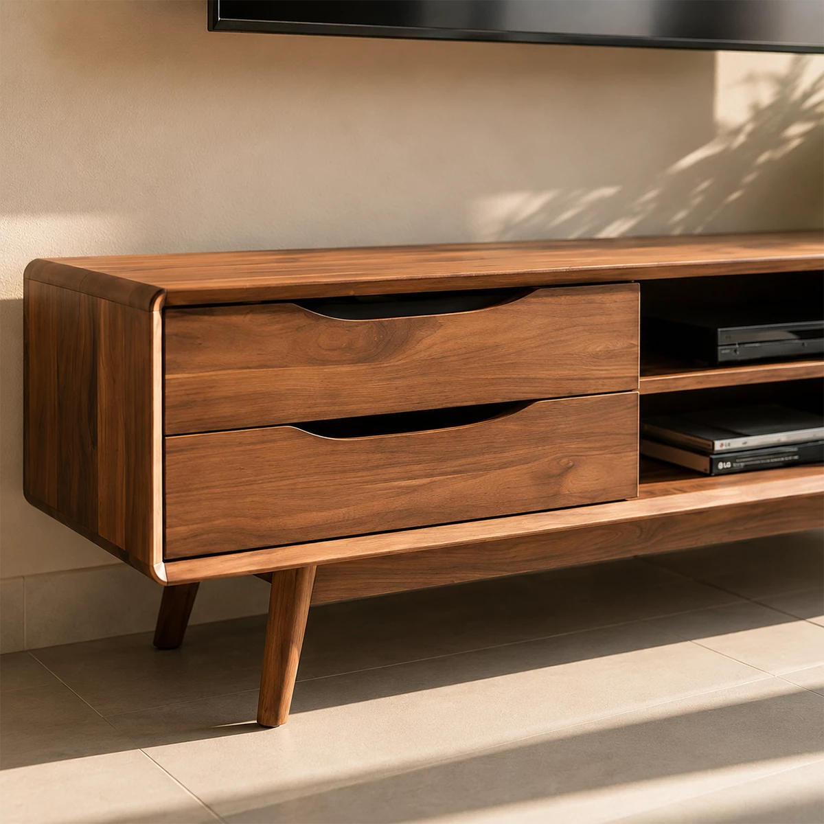 Natural Solid Wood TV Stand Mid Century Modern Style