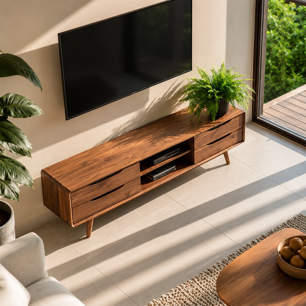 Natural Solid Wood TV Stand Mid Century Modern Style