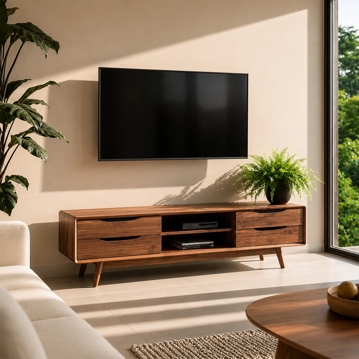 Natural Solid Wood TV Stand Mid Century Modern Style