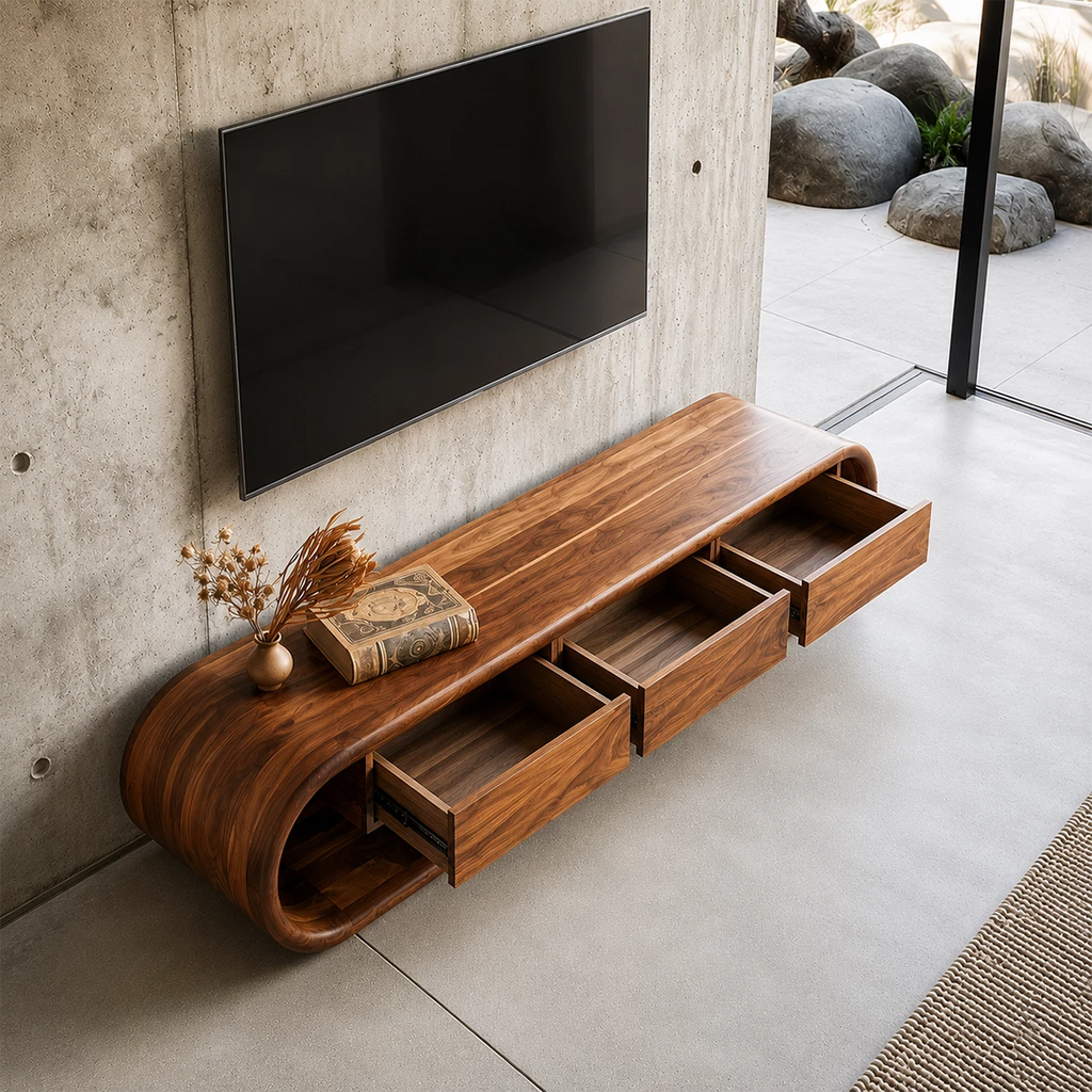 Natural Solid Wood TV Stand Sculptural Loop Modern Style