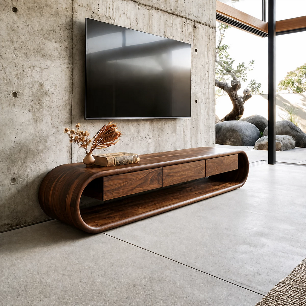 Natural Solid Wood TV Stand Sculptural Loop Modern Style