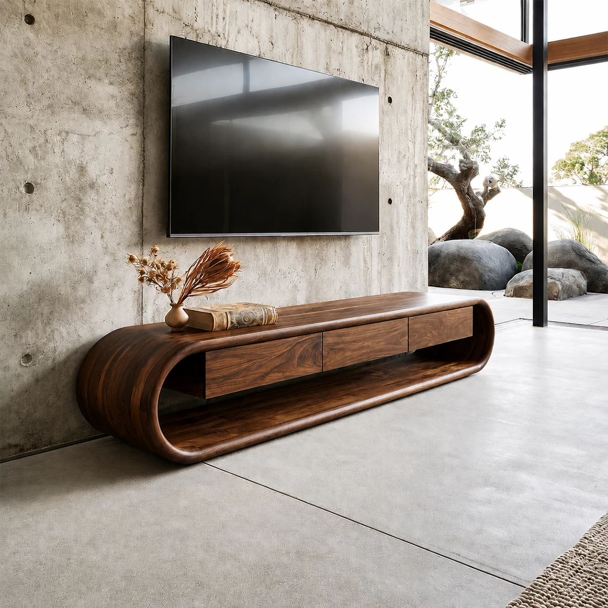 Natural Solid Wood TV Stand Sculptural Loop Modern Style