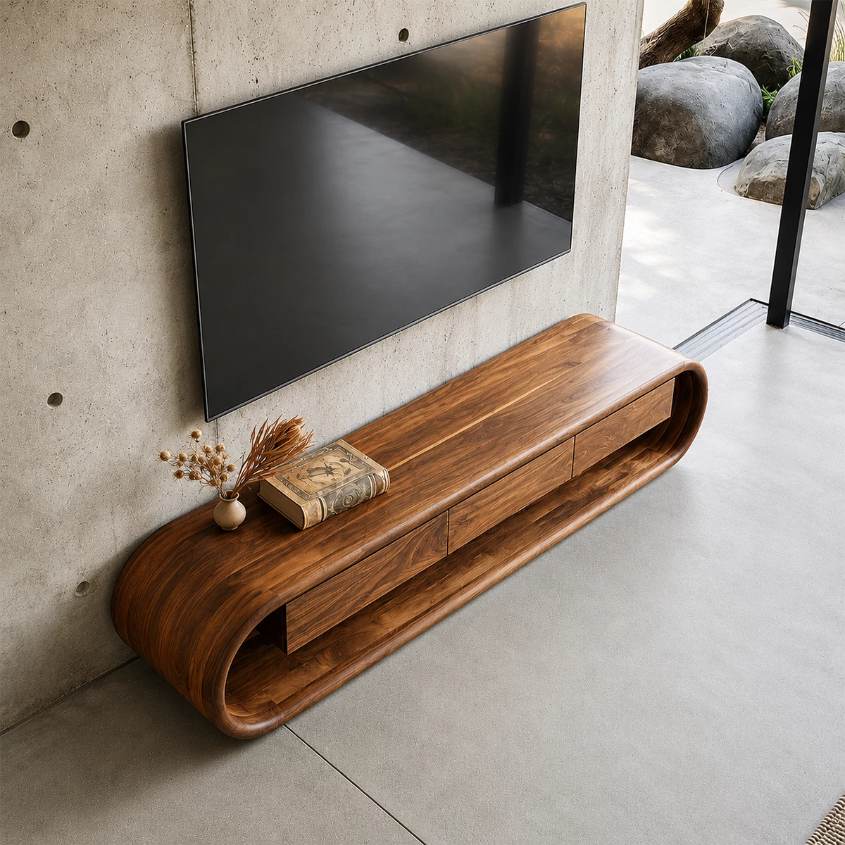 Natural Solid Wood TV Stand Sculptural Loop Modern Style