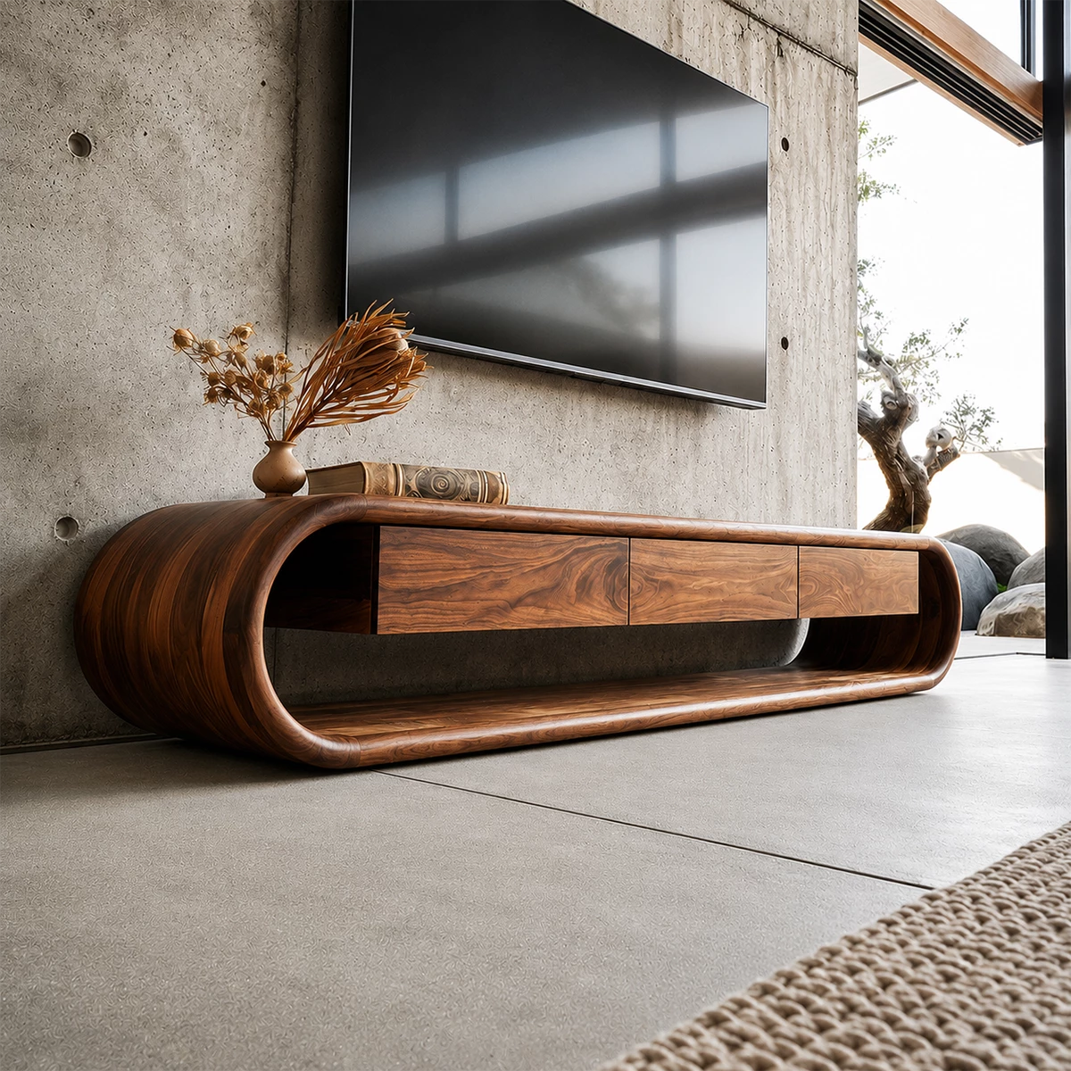 Natural Solid Wood TV Stand Sculptural Loop Modern Style