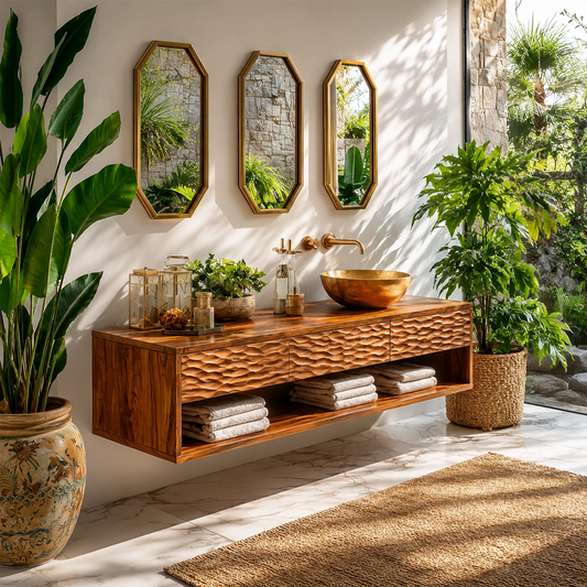 Handcrafted Floating Bathroom Vanity with Carved Drawer Fronts in Natural Solid Wood - Echotimber