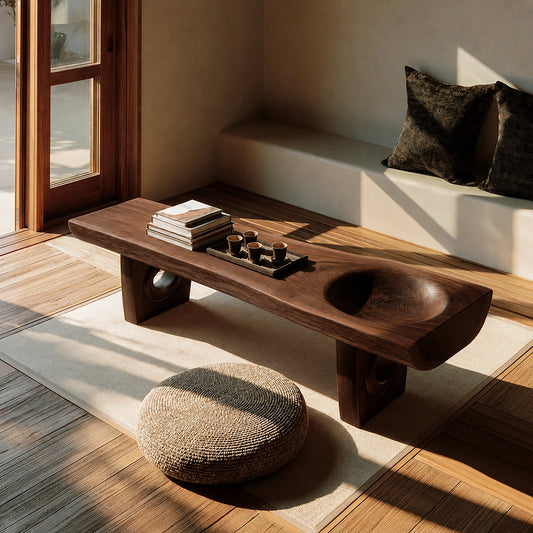 Handcrafted Solid Walnut Coffee Table with Carved Bowl | Sculptural Modern Living Room Table - Echotimber
