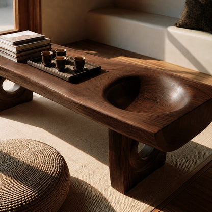 Handcrafted Solid Walnut Coffee Table with Carved Bowl | Sculptural Modern Living Room Table - Livewoodcraft - 5