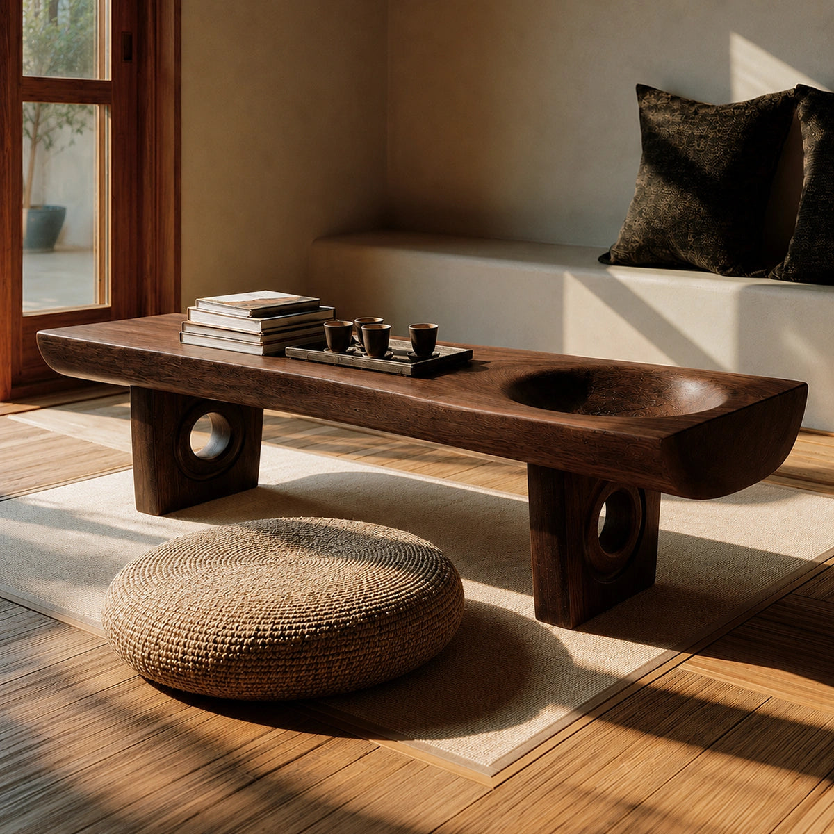 Handcrafted Solid Walnut Coffee Table with Carved Bowl | Sculptural Modern Living Room Table - Livewoodcraft - 8