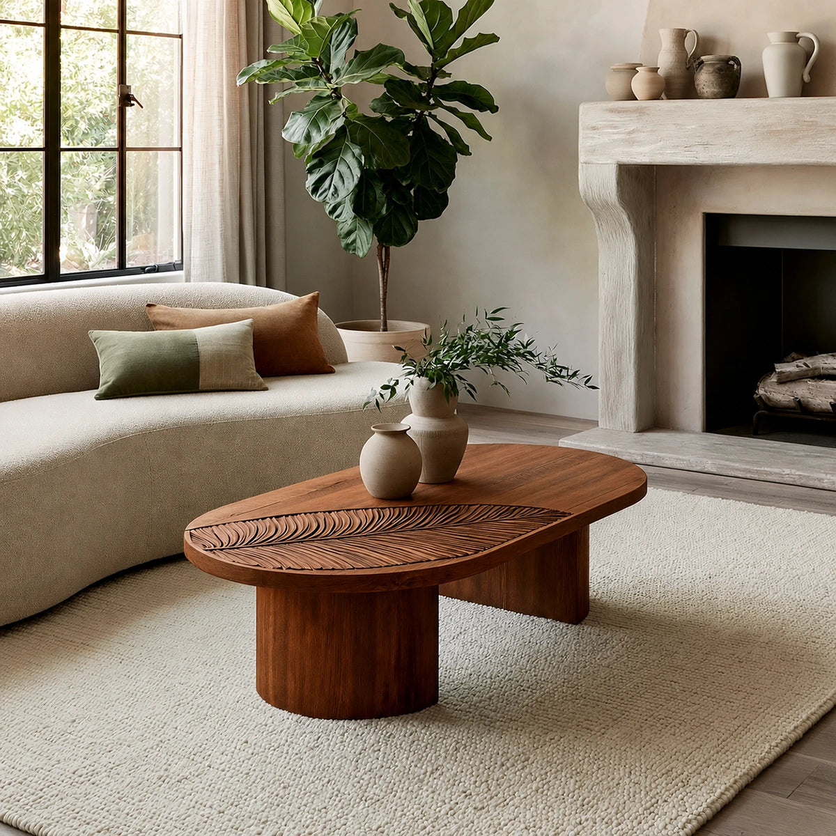 Handcrafted Solid Walnut Oval Coffee Table | Leaf Carved Modern Coffee Table for Living Room - Livewoodcraft - 2