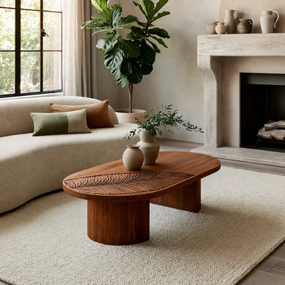 Handcrafted Solid Walnut Oval Coffee Table | Leaf Carved Modern Coffee Table for Living Room - Livewoodcraft - 2