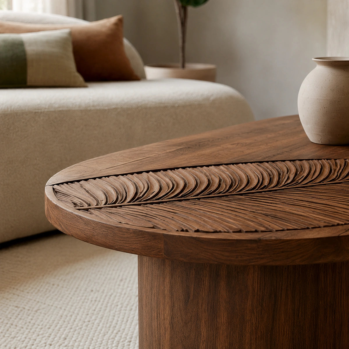 Handcrafted Solid Walnut Oval Coffee Table | Leaf Carved Modern Coffee Table for Living Room - Livewoodcraft - 5