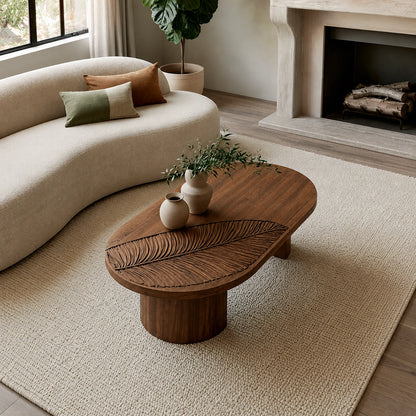 Handcrafted Solid Walnut Oval Coffee Table | Leaf Carved Modern Coffee Table for Living Room - Livewoodcraft - 7
