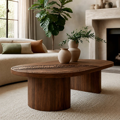 Handcrafted Solid Walnut Oval Coffee Table | Leaf Carved Modern Coffee Table for Living Room - Livewoodcraft - 8
