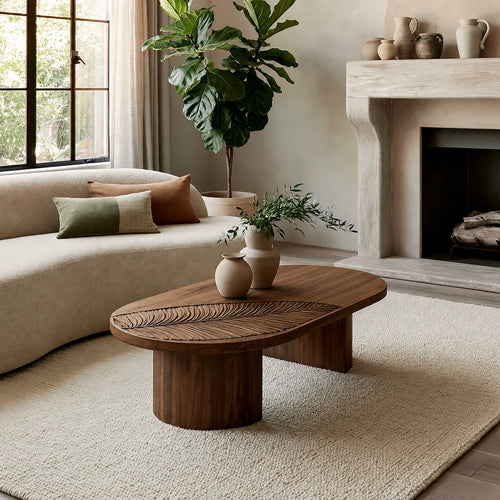 Handcrafted Solid Walnut Oval Coffee Table | Leaf Carved Modern Coffee Table for Living Room - Livewoodcraft