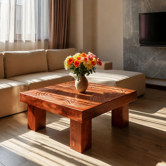 Handcrafted Solid Walnut Square Coffee Table | Sculpted Wood Grain Modern Living Room Table - Echotimber
