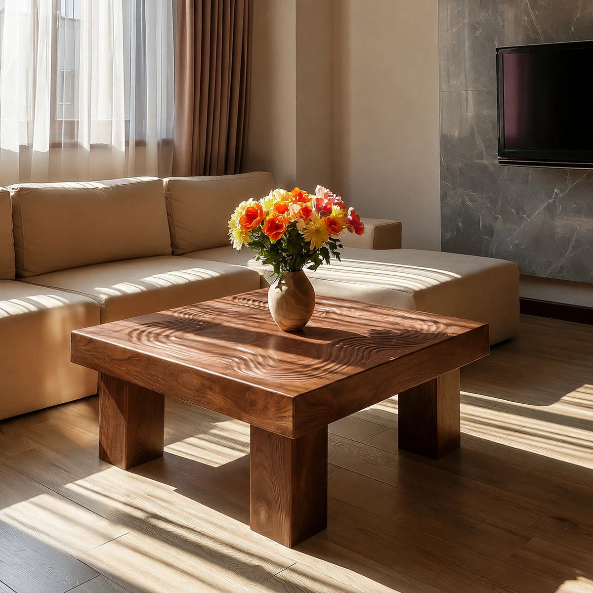Handcrafted Solid Walnut Square Coffee Table | Sculpted Wood Grain Modern Living Room Table - Livewoodcraft - 2