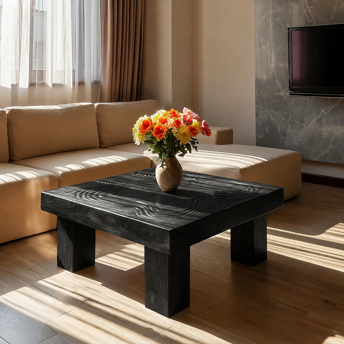 Handcrafted Solid Walnut Square Coffee Table | Sculpted Wood Grain Modern Living Room Table - Livewoodcraft - 4