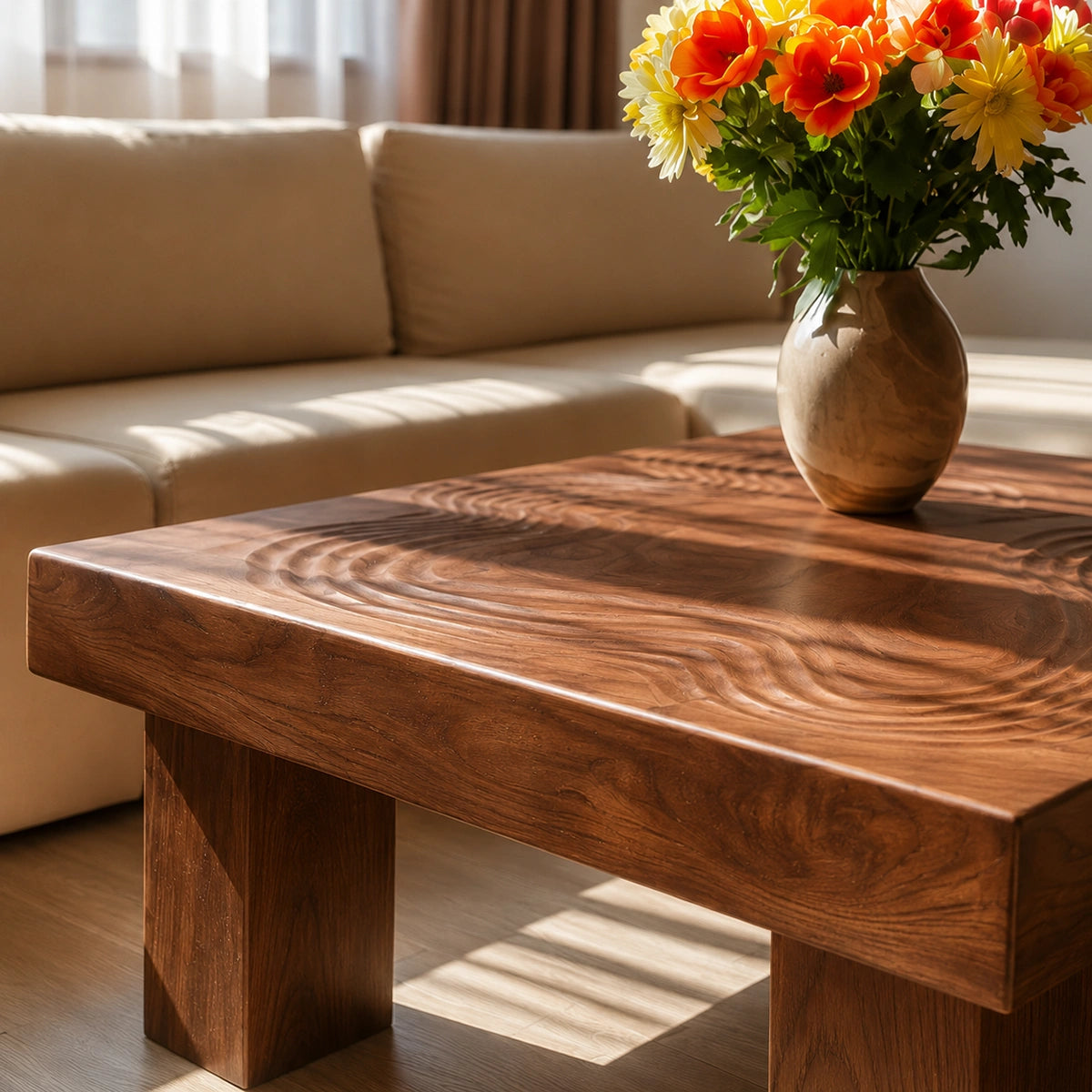 Handcrafted Solid Walnut Square Coffee Table | Sculpted Wood Grain Modern Living Room Table - Livewoodcraft - 5