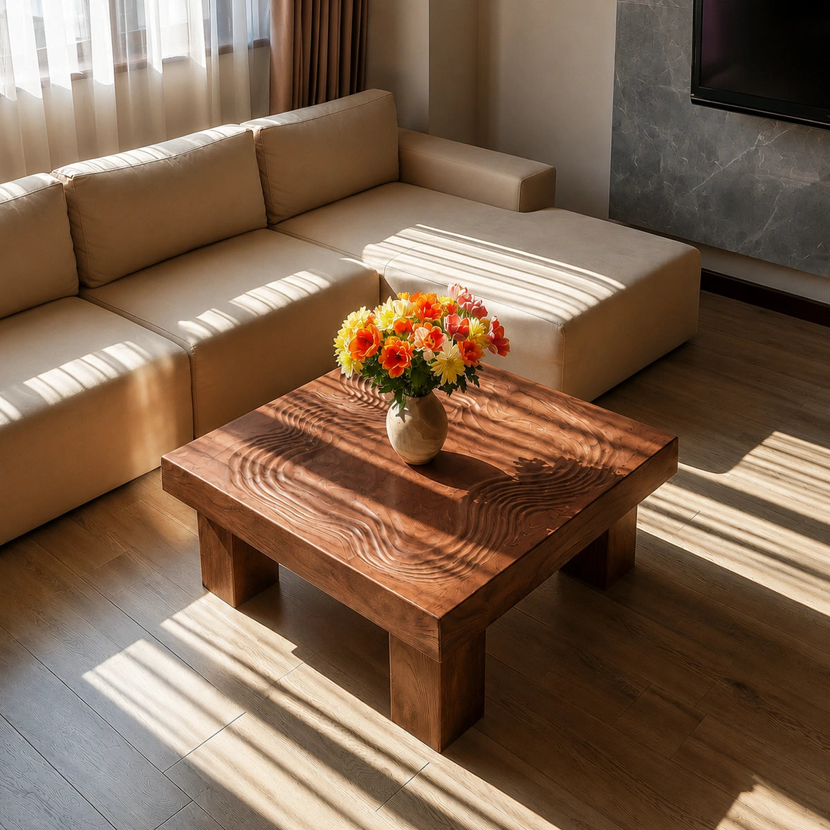 Handcrafted Solid Walnut Square Coffee Table | Sculpted Wood Grain Modern Living Room Table - Livewoodcraft - 7