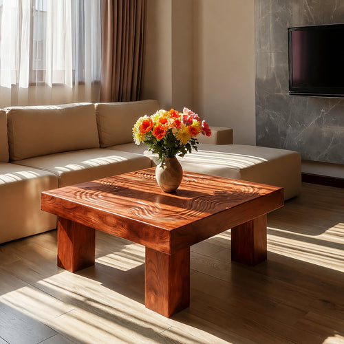 Handcrafted Solid Walnut Square Coffee Table | Sculpted Wood Grain Modern Living Room Table - Livewoodcraft