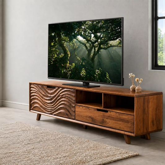 Handcrafted Solid Wood TV Stand With Sculptural Wave Carved Doors And Open Storage Shelves - Echotimber